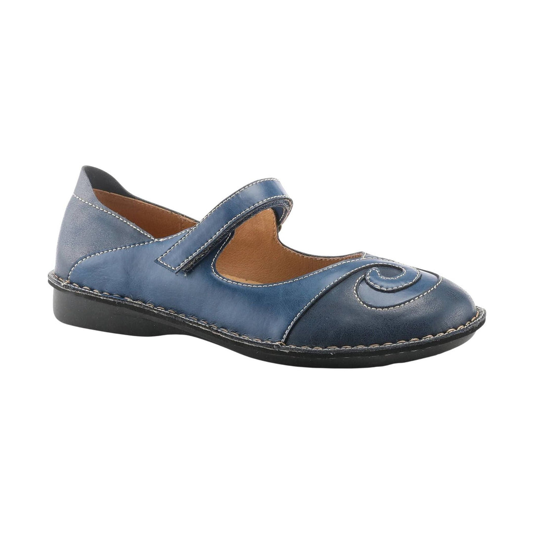 Blue leather Mary Jane shoe with a swirl toe detail and stitched trim