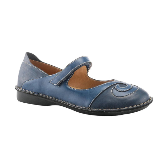Blue leather Mary Jane shoe with a swirl toe detail and stitched trim