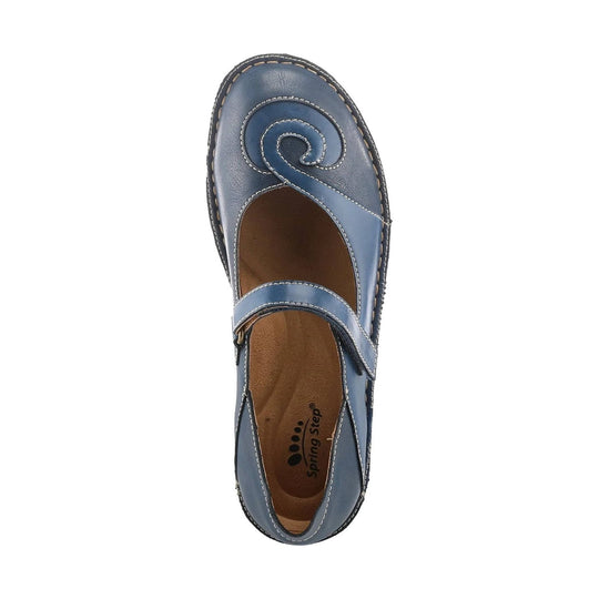 Blue leather Mary Jane shoe with spiral stitching and an ankle strap