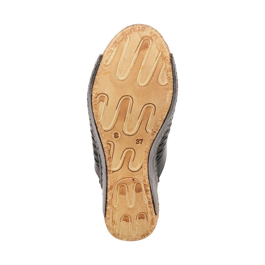 Sandal outsole with tan rubber tread and black upper edges