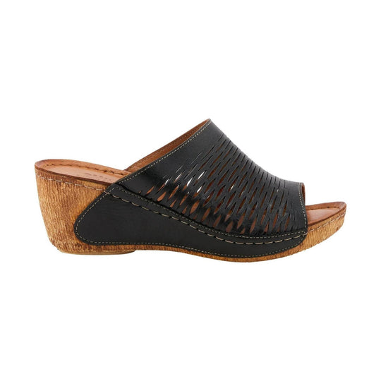 Black open-toe wedge sandal with laser-cut upper and tan cork-look heel