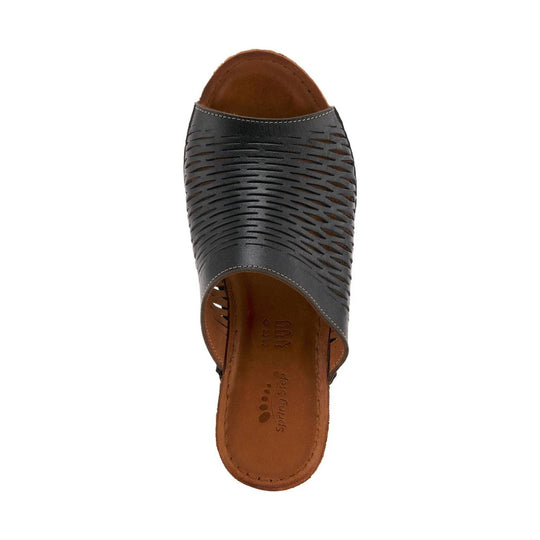 Black peep-toe sandal with cutout upper and brown footbed, top view