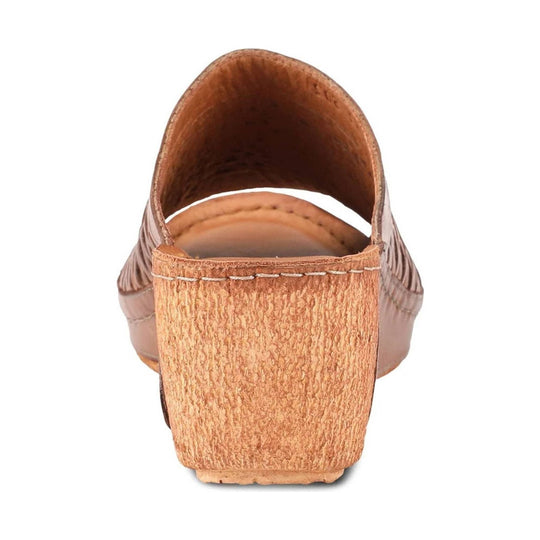Brown heeled mule clog seen from the back with a wood-texture platform heel