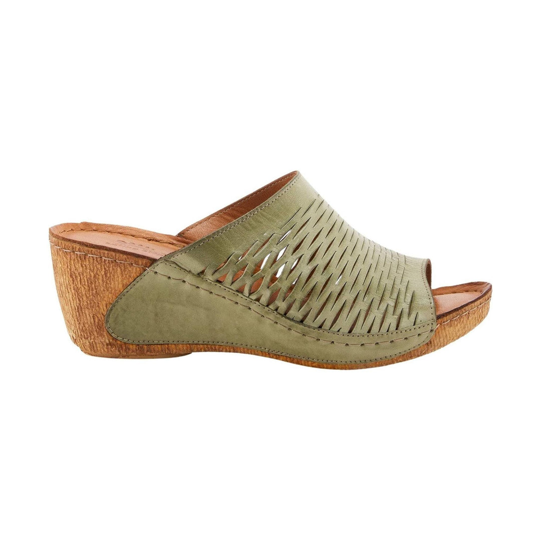 Olive cutout wedge sandal with tan cork heel and open toe