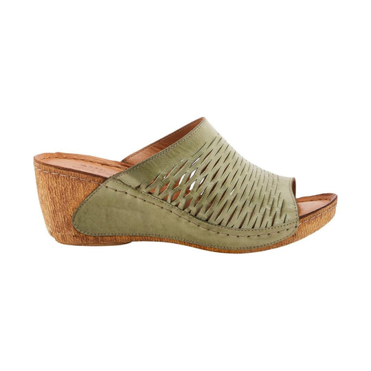 Olive cutout wedge sandal with tan cork heel and open toe