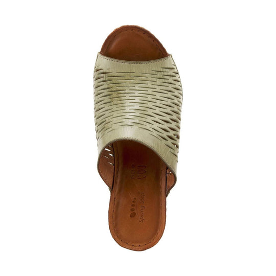 Beige and brown open-toe slide sandal with woven upper and side cutouts