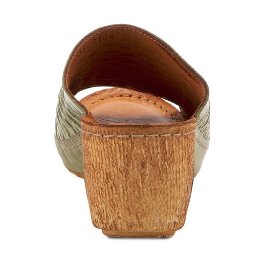 Olive and tan wedge slide sandal with braided cork-look heel and open back