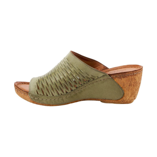 Olive green peep-toe wedge mule with cutout upper and wood-look heel