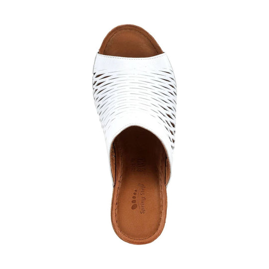 White woven slip-on sandal with tan footbed and open toe
