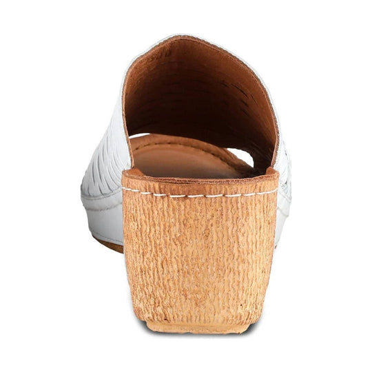 White slip-on mule with a tan woven wooden wedge heel