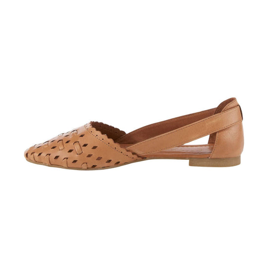 Tan woven flat shoe with a closed toe, side cutouts, and slingback strap