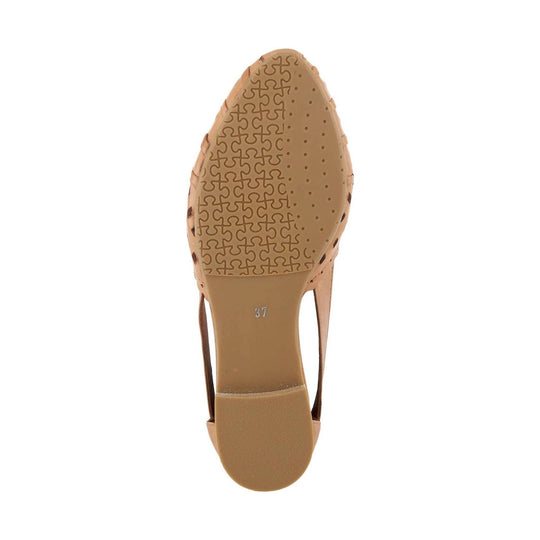 Tan heeled slingback shoe viewed from below with patterned tread and size 37 marked on the sole