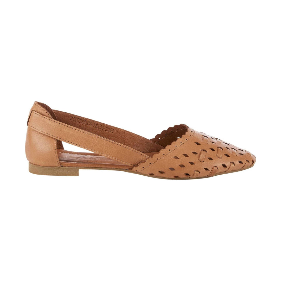 Tan woven closed-toe flat with slingback heel and cutout detail