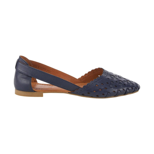 Navy woven closed-toe flat slingback shoe with tan lining and low heel
