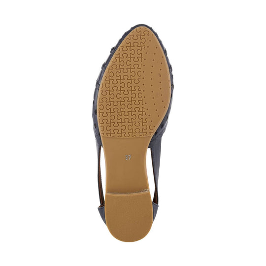 Navy closed-toe slingback flat with a tan sole