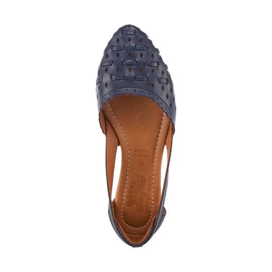 Navy perforated closed-toe slingback flat with tan insole and woven upper detail