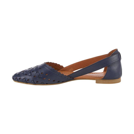 Navy woven closed-toe flat with cutout upper, slingback strap, and tan sole
