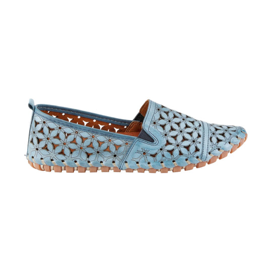 Light blue closed-toe leather slip-on with floral cutouts and tan sole