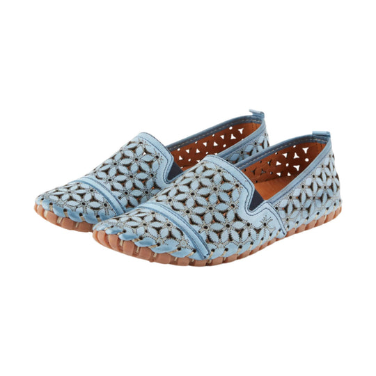 Light blue perforated slip-on flats with floral cutout pattern and tan rubber soles