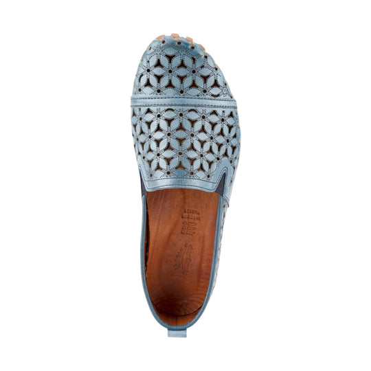 Light blue perforated slip-on flat shoe shown from above, with a brown leather insole and rounded closed toe