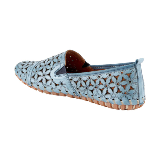 Light blue slip-on flat with floral cutout leather upper and tan sole, side view