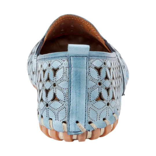 Light blue woven leather flat seen from the back with floral cutouts and beige rope stitching