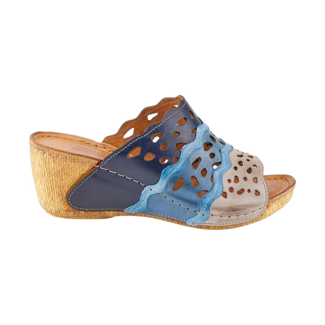 Multicolor leather wedge mule sandal with perforated cutouts and a wood-look heel