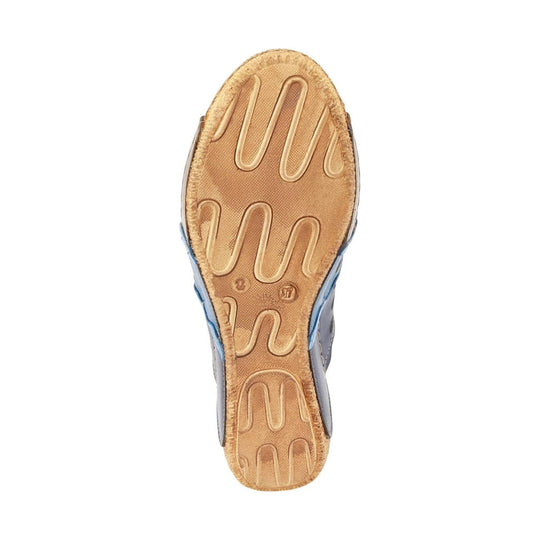 Tan outsole of a sandal with wavy tread patterns and blue-gray sides