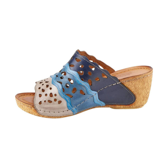 Patchwork leather wedge mule sandal with cutout upper and tan cork-style sole