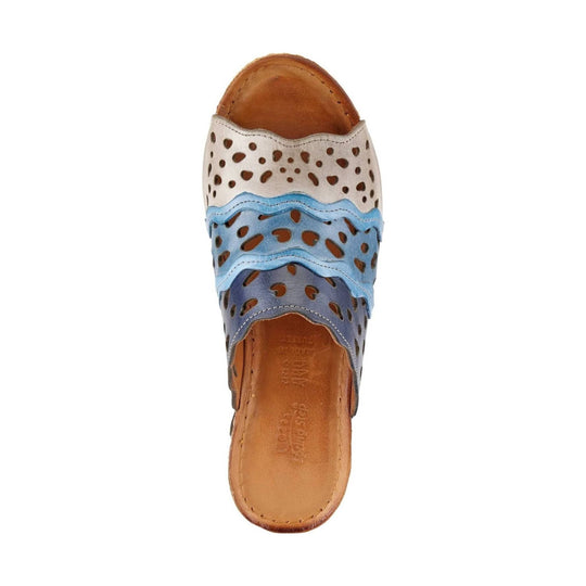 Top-view leather slingback sandal with cream, light blue, and navy cutout straps