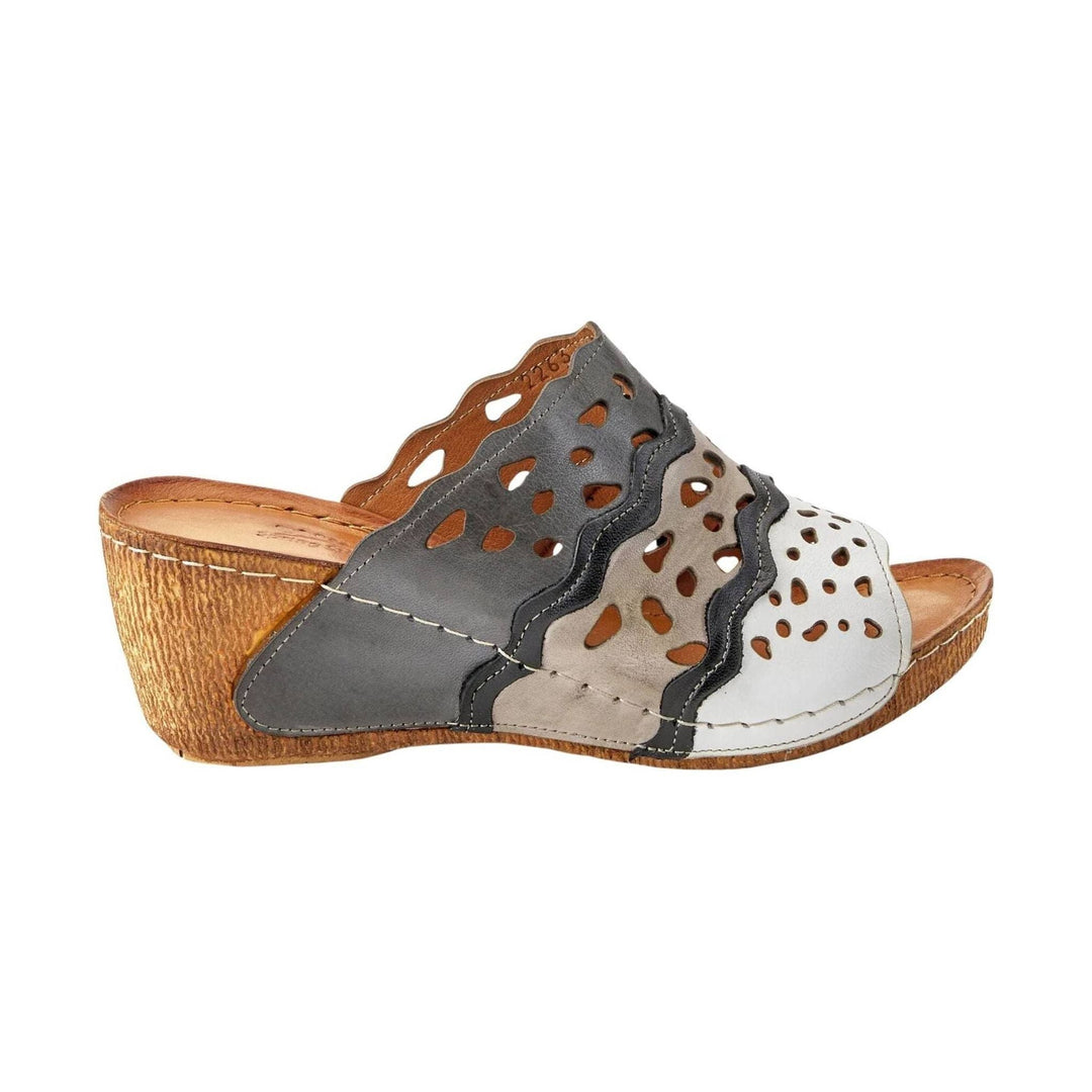 Grey, beige, and white wedge mule sandal with perforated leather upper and wood-look heel