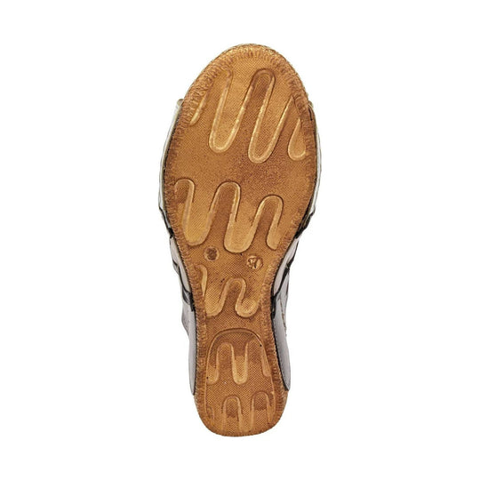 Bottom view of a tan sandal sole with textured tread and wavy grip grooves