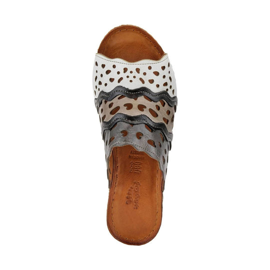 Top view of a closed-toe leather sandal with white, gray, and brown cutout straps and a tan footbed.