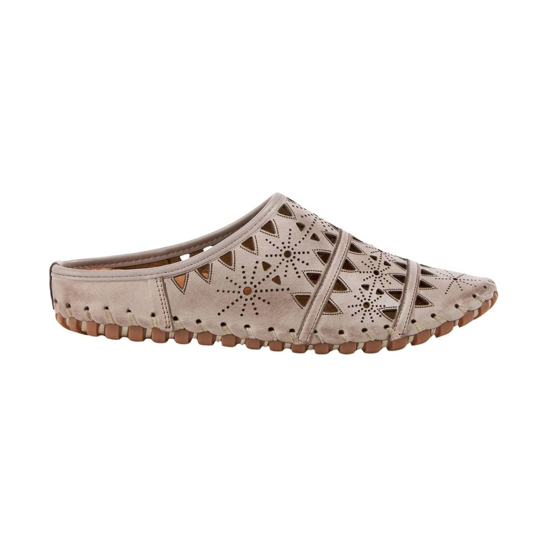Beige perforated slip-on clog with floral cutouts and woven sole