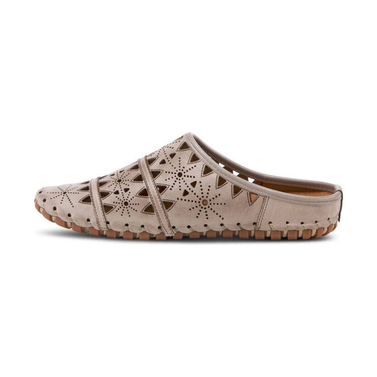 Beige perforated slip-on clog with cross straps and wood-tone sole