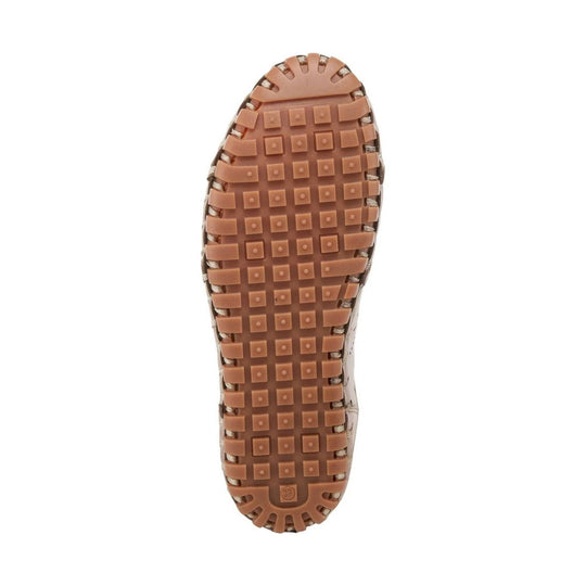 Shoe outsole with brown rubber tread and square traction lugs