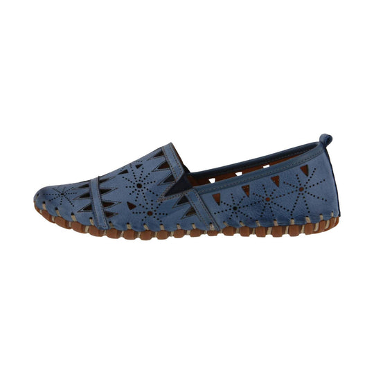 Blue perforated leather loafer with cutout pattern, stitched details, and a tan rubber sole