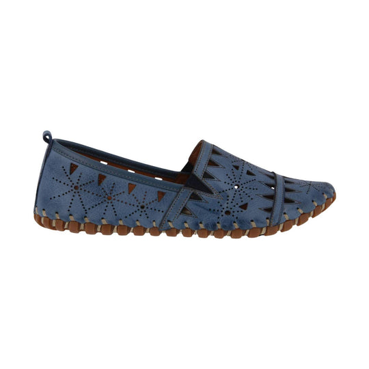Blue perforated leather loafer with cutout star patterns and tan sole
