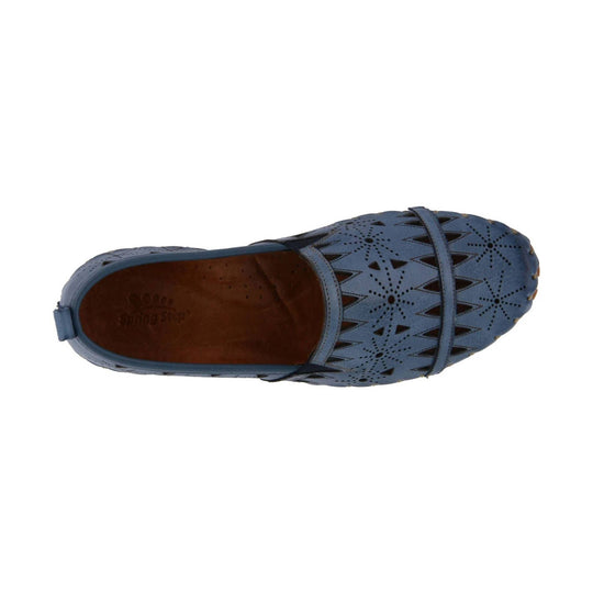 Blue perforated loafer with round toe and strap across the top, shown from above