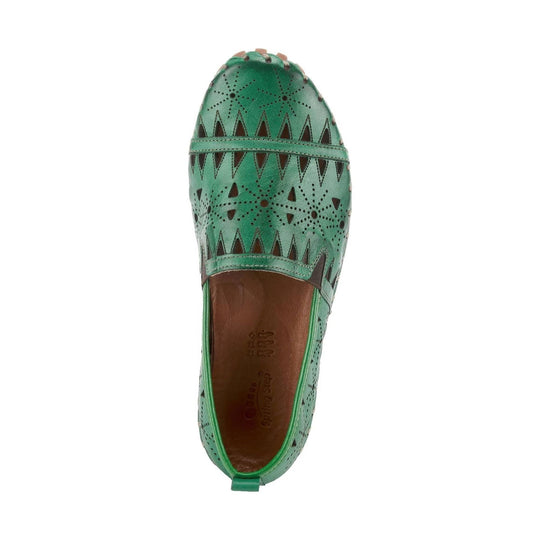 Green leather loafer with cutout pattern, seen from above