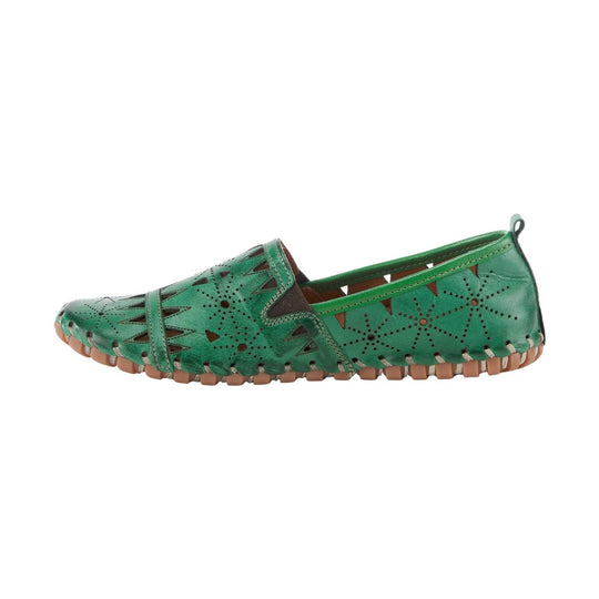Green leather slip-on loafer with perforated cutout pattern and tan rubber sole