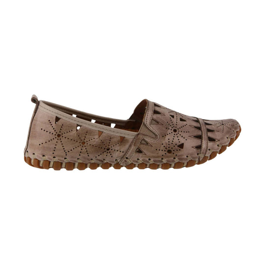 Gray suede slip-on loafer with laser-cut floral perforations and tan rubber sole