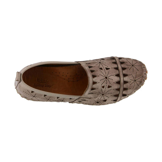 Grey perforated leather loafer with floral cutout pattern and a strap across the instep, shown from above.