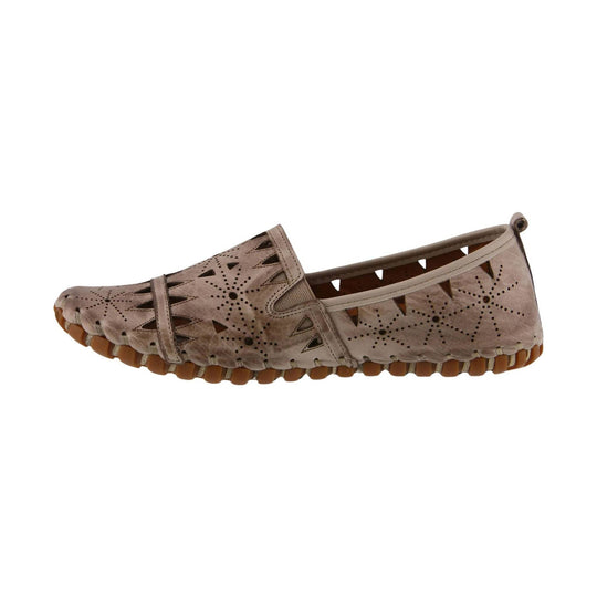Taupe perforated loafer flat with floral cutouts and a tan rubber sole, shown in side profile
