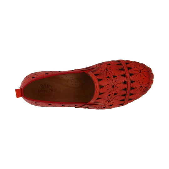 Red perforated loafer with cutout starburst patterns and a slingback tab