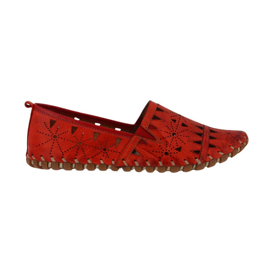 Red leather loafer with laser-cut floral pattern and brown rubber sole