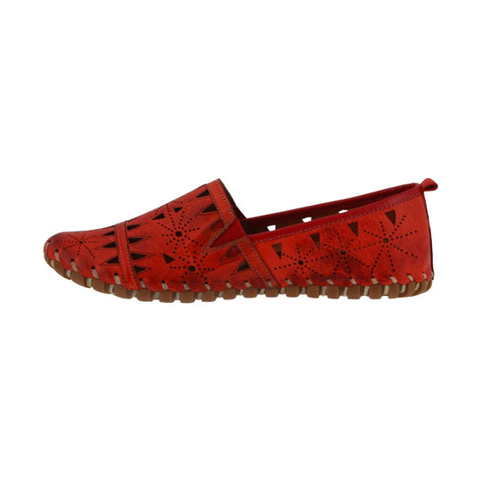 Red leather loafer with perforated cutout pattern, slip-on strap, and brown stitched sole