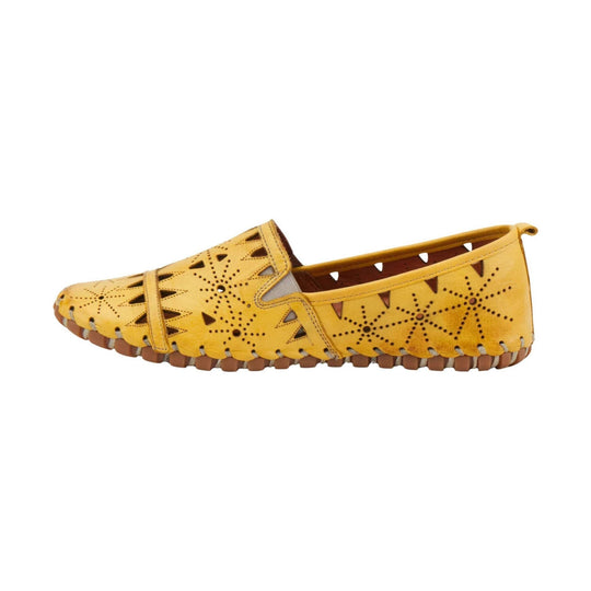 Yellow perforated leather loafer with side cutouts and a brown ridged sole