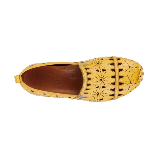 Yellow closed-toe woven leather loafer with cutout pattern and elastic strap, top view