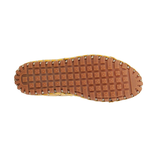 Brown rubber outsole with square tread pattern and stitched edge